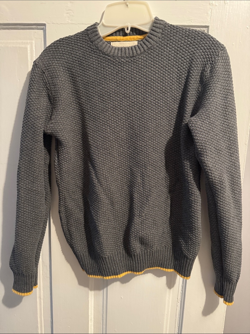Men's Crewneck Knit Sweater in Gray with Yellow Trim